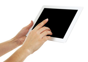 Female hands holding digital tablet isolated on white