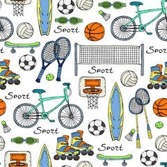 Vector seamless pattern with hand drawn sport equipment