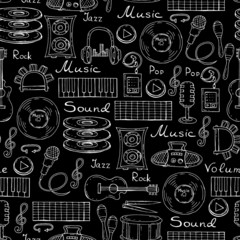Vector pattern with hand drawn symbols of music on black color