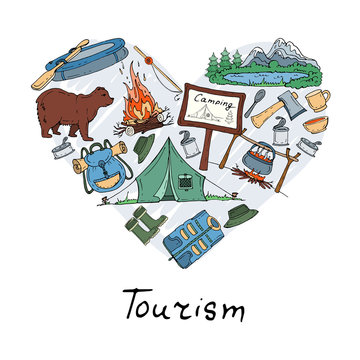 Vector stylized heart with hand drawn tourism, camping symbols