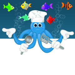Funny squid octopus cook restaurant seafood ocean cartoon