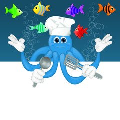 Funny squid octopus cook restaurant seafood ocean cartoon