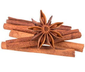 cinnamon stick and star anise spice isolated on white background