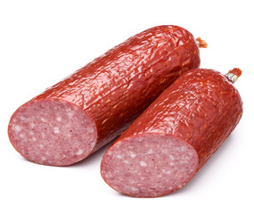 Smoked sausage salami isolated on white background cutout