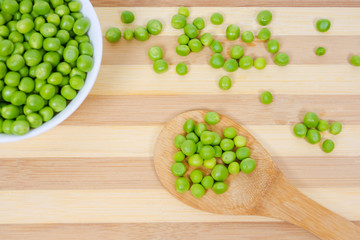 Green beans peas in wooden spoon