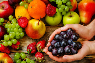 Naklejka na ściany i meble male hands holding a grape on the fruit