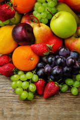 fruits. mango, lemon, plum, grape, pear, orange, Apple, banana,