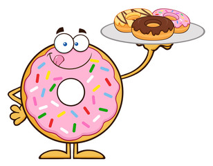 Sweet Donut Cartoon Character Serving Donuts