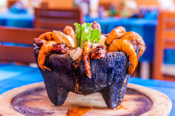 Grilled Chorizo, Shrimp, and Beef  - Mexican Molcajete  - 81742942