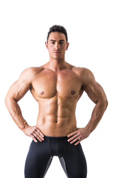 Frontal shot of shirtless muscular young man