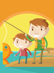 un padre e hijo pescando en la costa