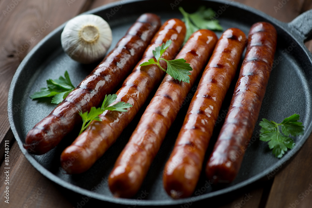 Poster Grilled sausages with parsley and garlic in a frying pan