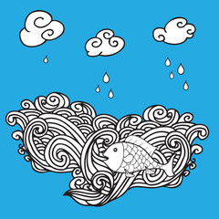 Obraz premium Cloud and wave and fish