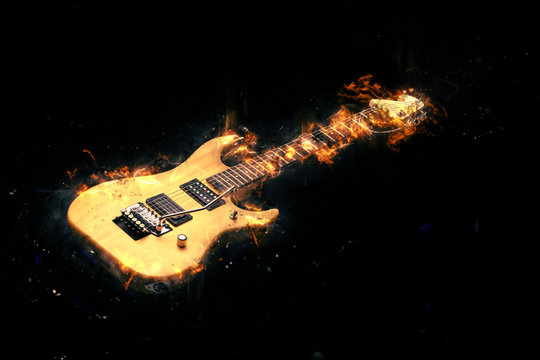 Electric Guitar on fire on Black Background