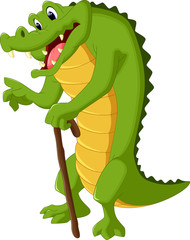 Naklejka premium Crocodile standing while holding a stick