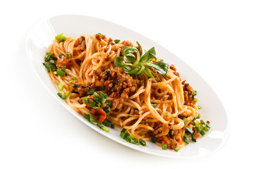 Pasta with meat, tomato sauce and vegetables