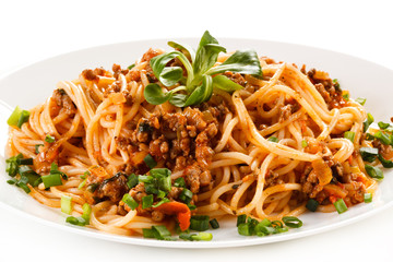 Pasta with meat, tomato sauce and vegetables