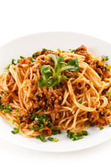 Pasta with meat, tomato sauce and vegetables