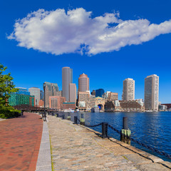 Boston skyline from Fan Pier sunlight Massachusetts