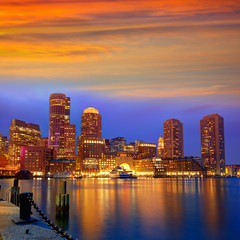 Fototapeta na wymiar Boston sunset skyline at Fan Pier Massachusetts
