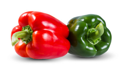 Fresh vegetables Two sweet Red, Green Peppers isolated on white