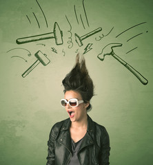 Tired woman with hair style and headache hammer symbols