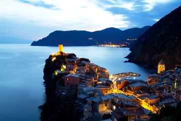 Illuminated Vernazza Village at Dusk, Cinque Terre, Italy