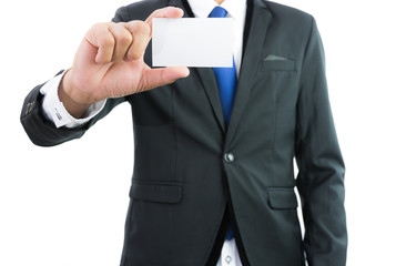 Businessman hand showing business card or note paper isolate