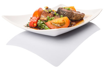 Malaysian dish deep fried mackerel tuna fish with soy sauce