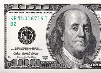 Benjamin Franklin on the bill. Macro shot of a 100 dollar.