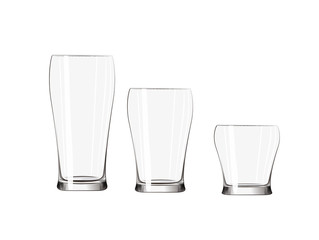 Transparent big, medium small glass set isolated composition.