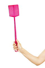 Woman hand holding a flyswatter on white background.