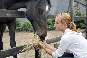 teenage girl feeding horse