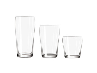 Transparent big, medium small glass set isolated composition.