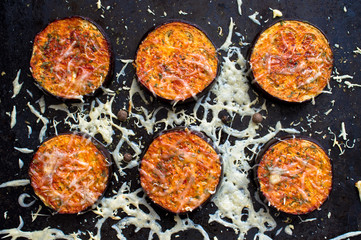 Tapas baked eggplant with cheese and tomato