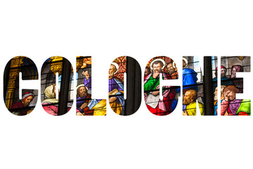 Word COLOGNE over Stained glass church window