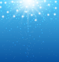Abstract blue background with sunbeams and shiny stars