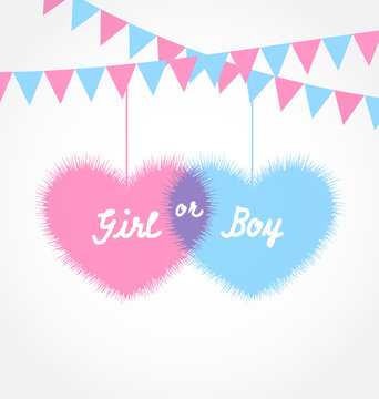 Pink and blue baby shower in form hearts with hanging pennants