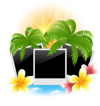 Set photo frame with palms, flowers frangipani, seascape backgro