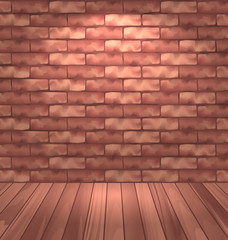 Brown brick wall with wooden floor, empty room interior with lig