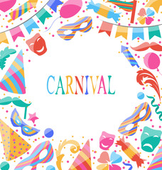 Celebration Carnival card with party colorful icons and objects