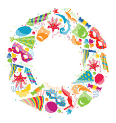 Fototapeta na wymiar Festive round frame with carnival colorful objects, copy space f