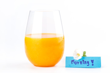 Fresh orange juice, beautiful rosemoss flowers and morning note
