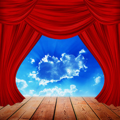 Theater stage with red curtain of view blue sky and wood bridge