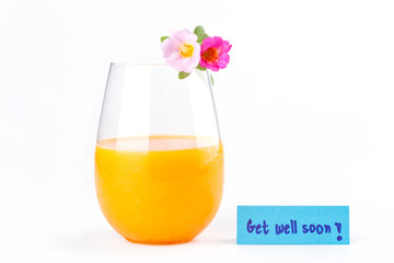 Fresh orange juice, beautiful rosemoss flowers and get well soon