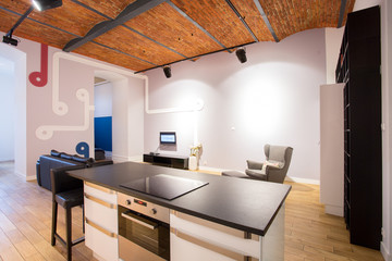 Modern interior with brick ceiling