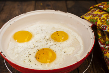 fried eggs in a frying pan