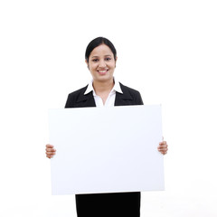 happy business woman showing blank signboard - 81771704