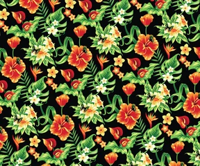 Gordijnen Tropical pattern with flowers and butterflies. © Oksana