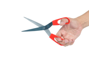 Man hand use red scissor isolate on white background, clipping p